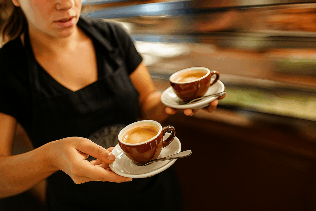 Waitress Serving two cups of Espresso